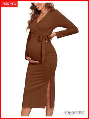 Rib Knit Maternity Nursing Dress Knot Side Long Sleeve V Neck Wrap Split